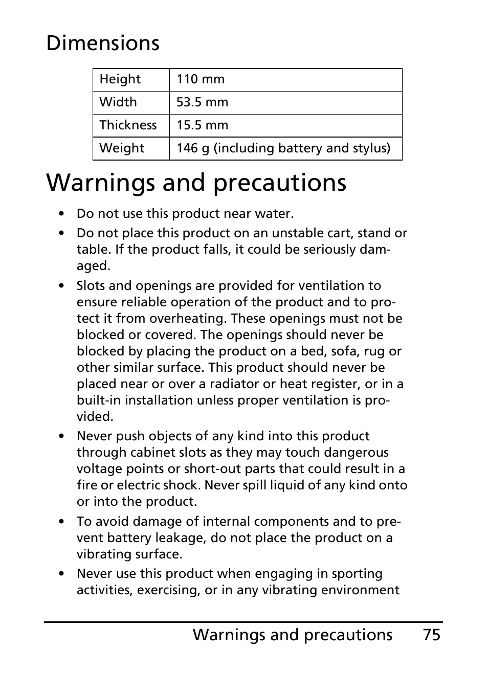 Warnings and precautions, Dimensions, 75 warnings and precautions | Acer E200 User Manual | Page 75 / 90
