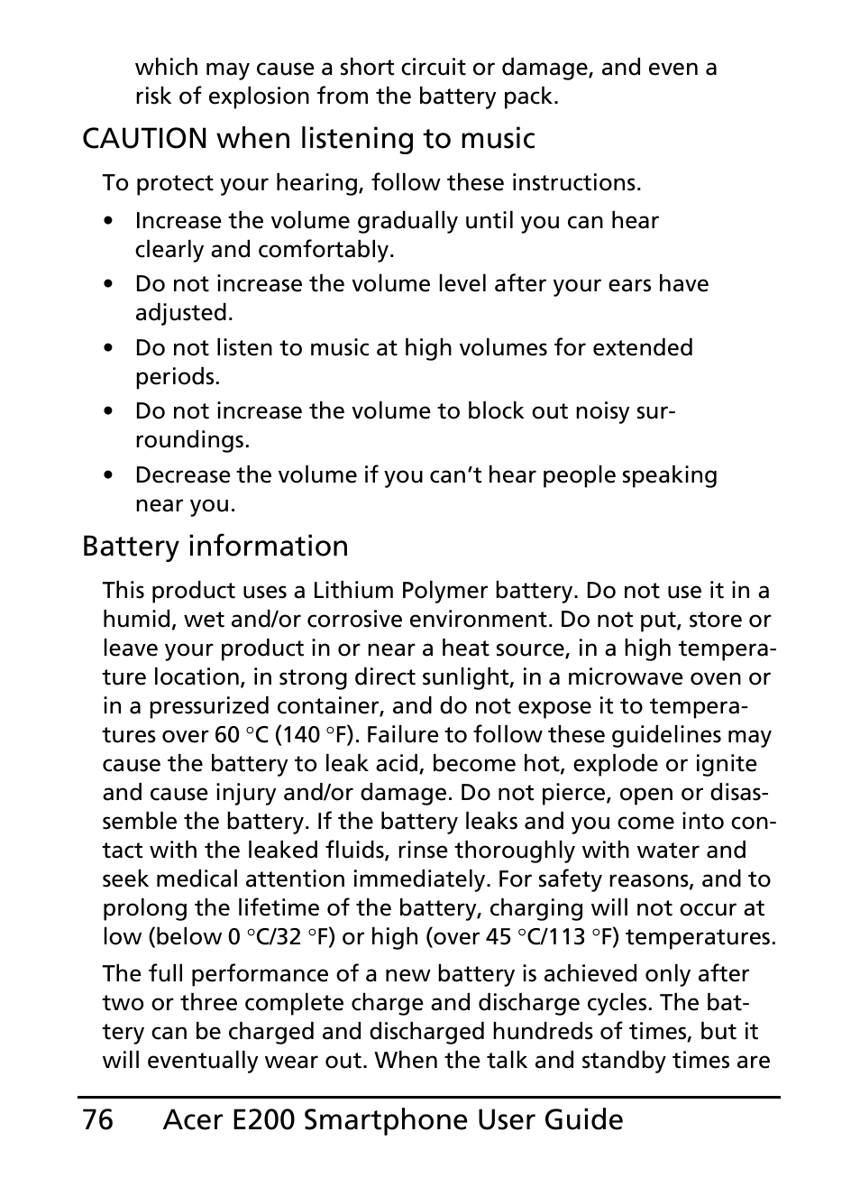 Caution when listening to music, Battery information | Acer E200 User Manual | Page 76 / 90