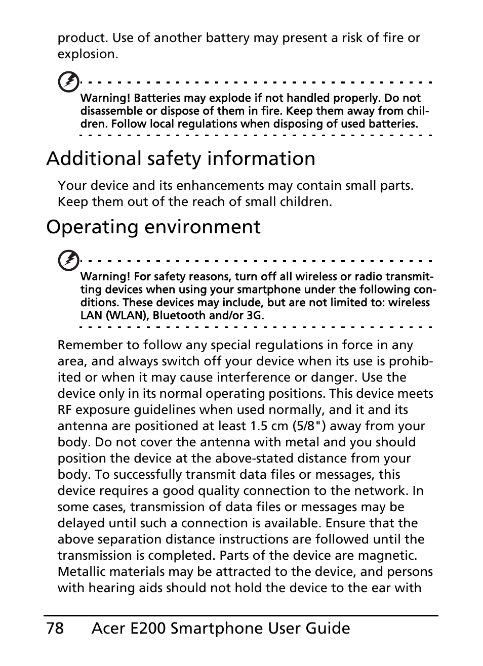 Additional safety information, Operating environment | Acer E200 User Manual | Page 78 / 90