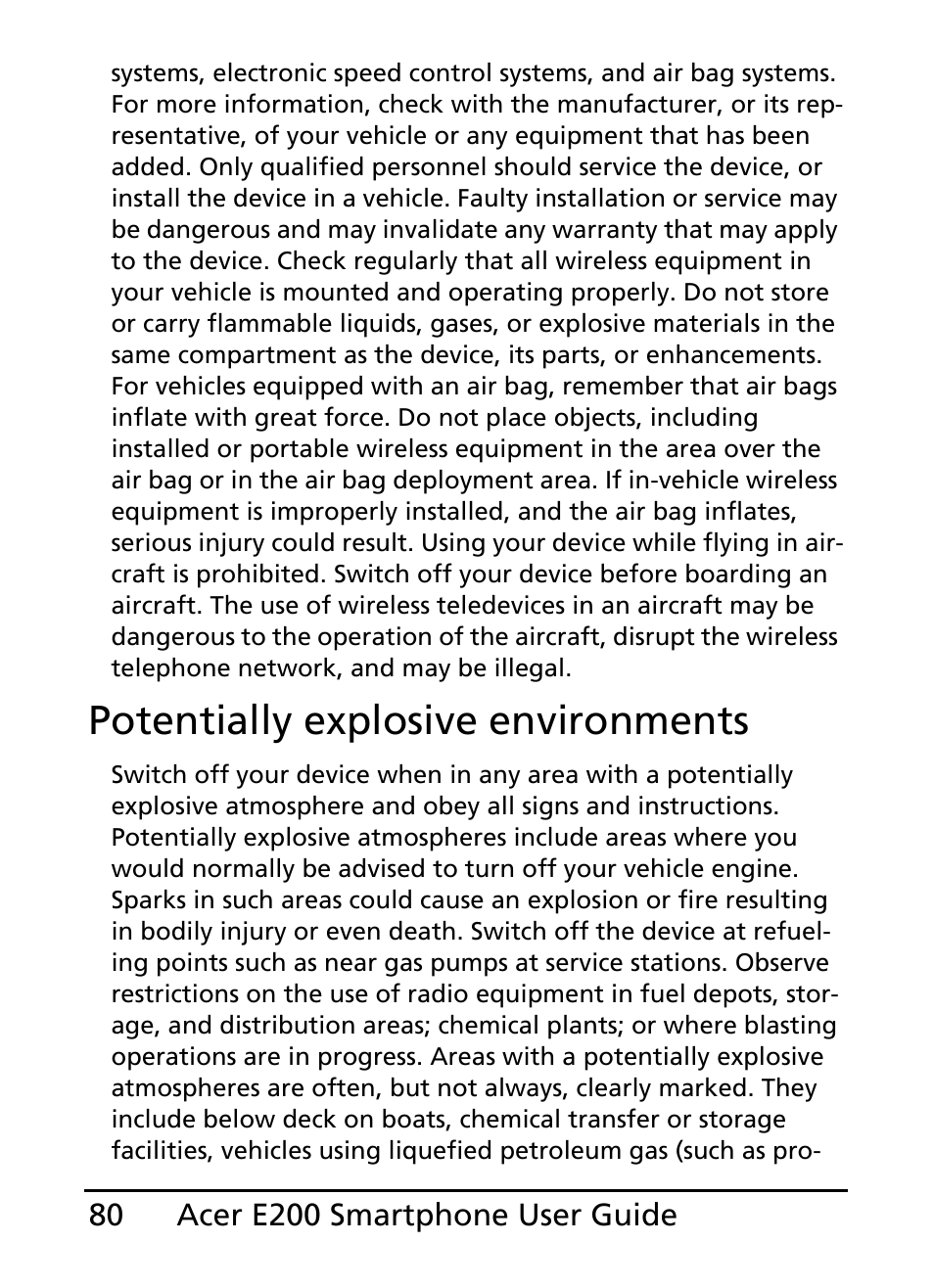 Potentially explosive environments | Acer E200 User Manual | Page 80 / 90