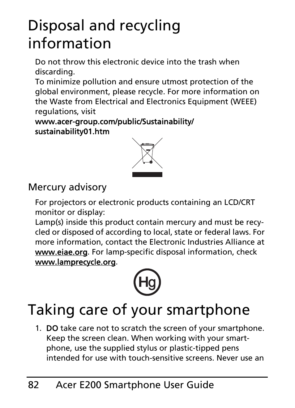 Disposal and recycling information, Taking care of your smartphone | Acer E200 User Manual | Page 82 / 90