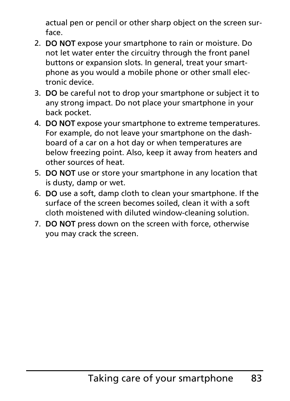 83 taking care of your smartphone | Acer E200 User Manual | Page 83 / 90