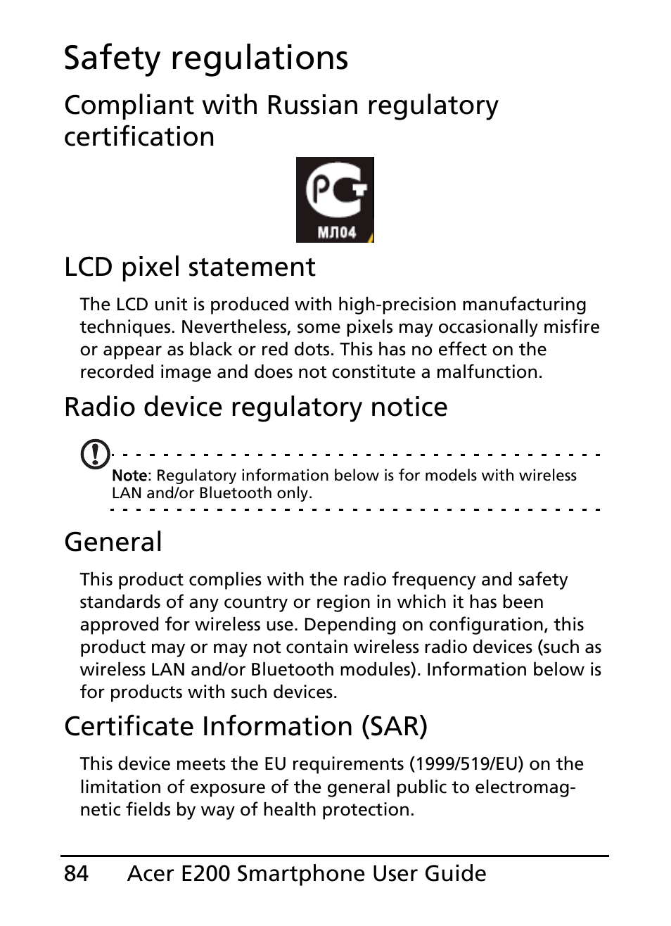 Safety regulations, Radio device regulatory notice, General | Certificate information (sar) | Acer E200 User Manual | Page 84 / 90