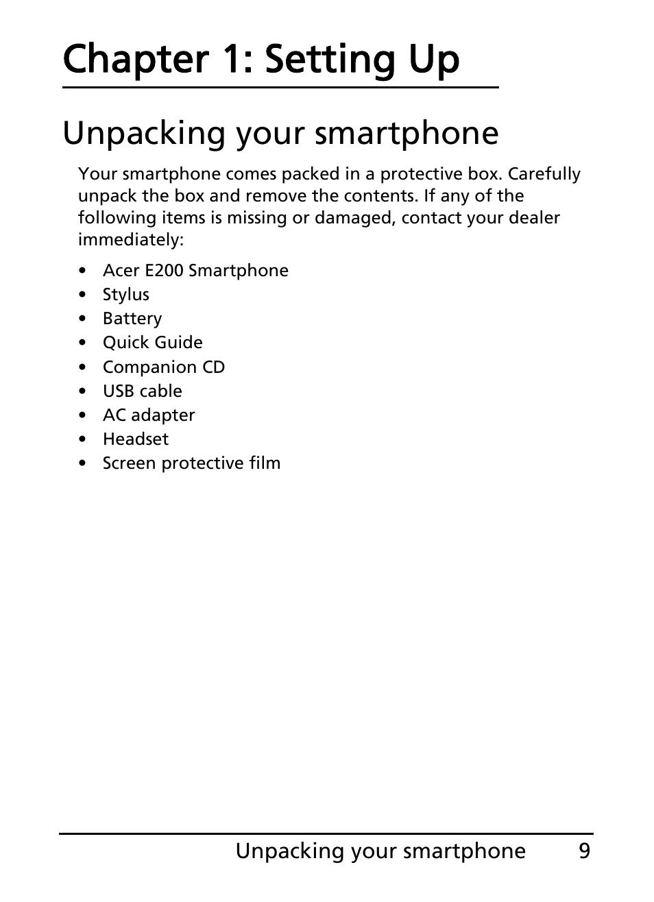 Unpacking your smartphone, Chapter 1: setting up | Acer E200 User Manual | Page 9 / 90