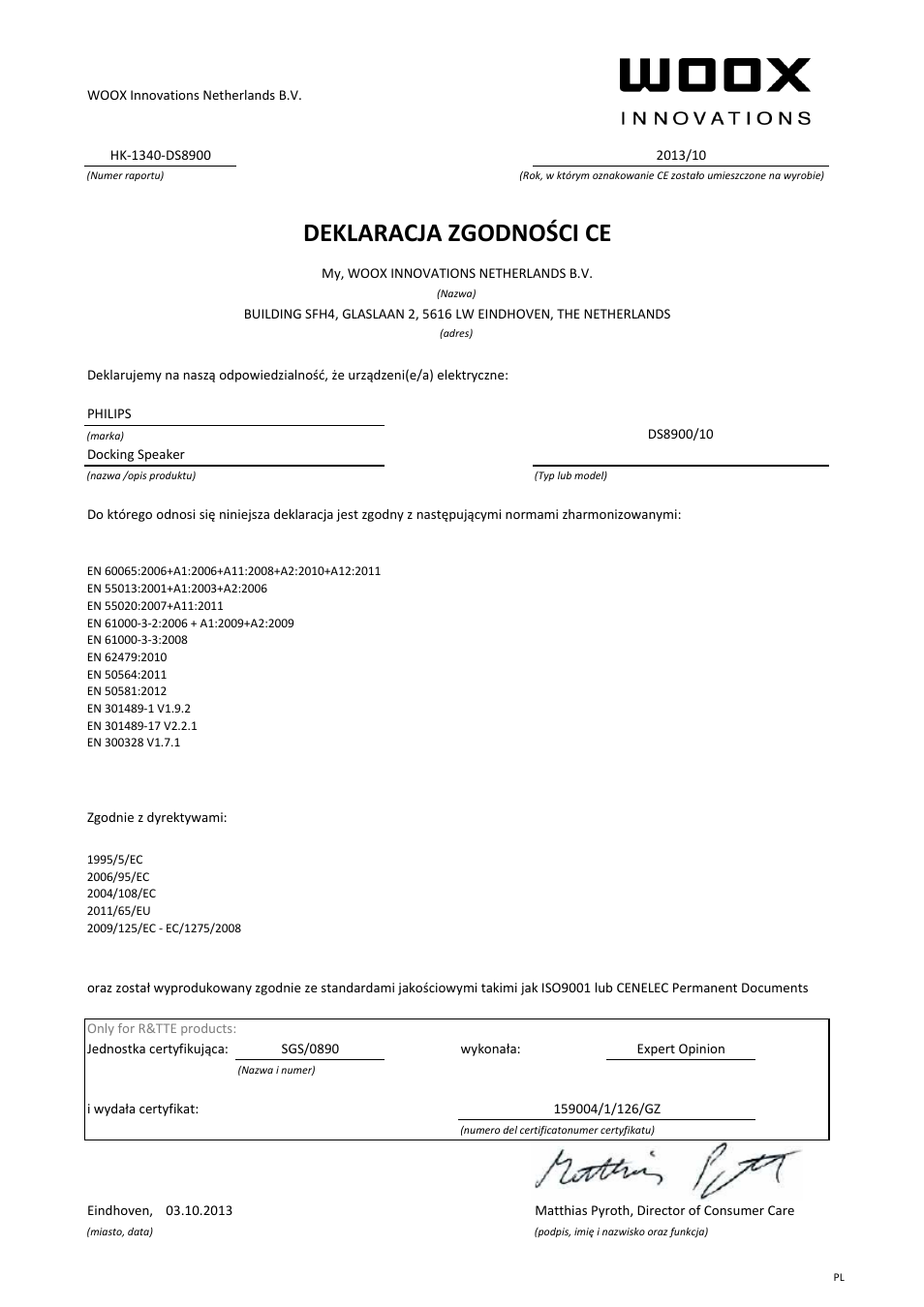 Deklaracja zgodności ce | Philips Système audio M1X-DJ User Manual | Page 11 / 21