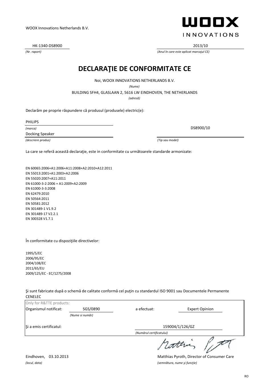 Declaraţie de conformitate ce | Philips Système audio M1X-DJ User Manual | Page 12 / 21