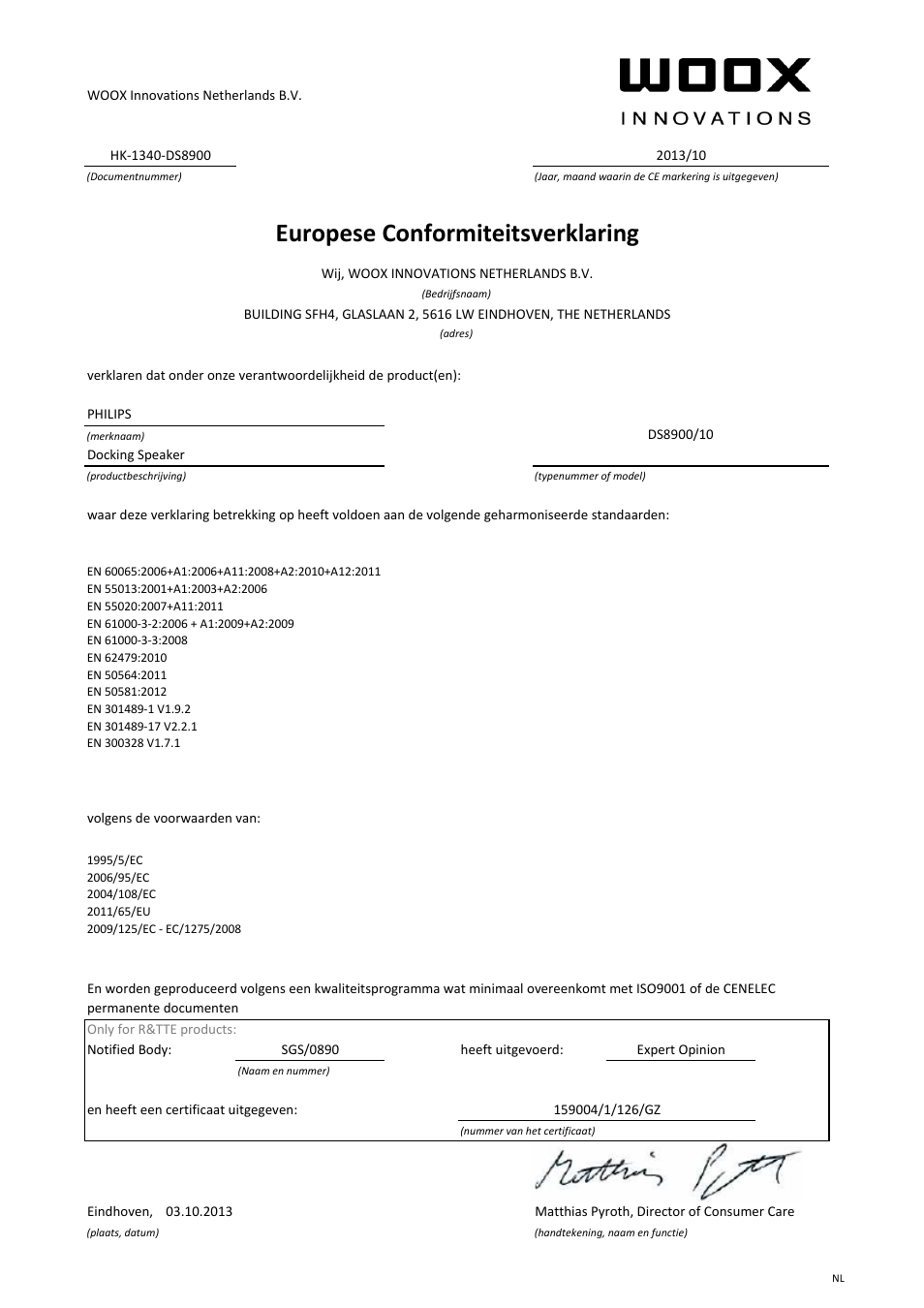 Europese conformiteitsverklaring | Philips Système audio M1X-DJ User Manual | Page 4 / 21