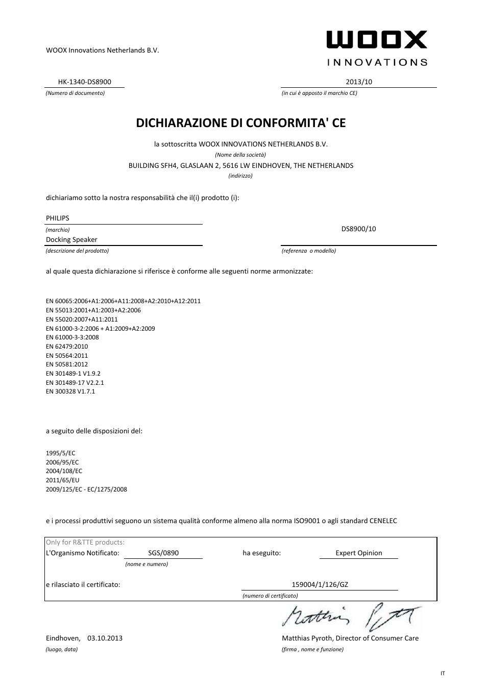 Dichiarazione di conformita' ce | Philips Système audio M1X-DJ User Manual | Page 9 / 21