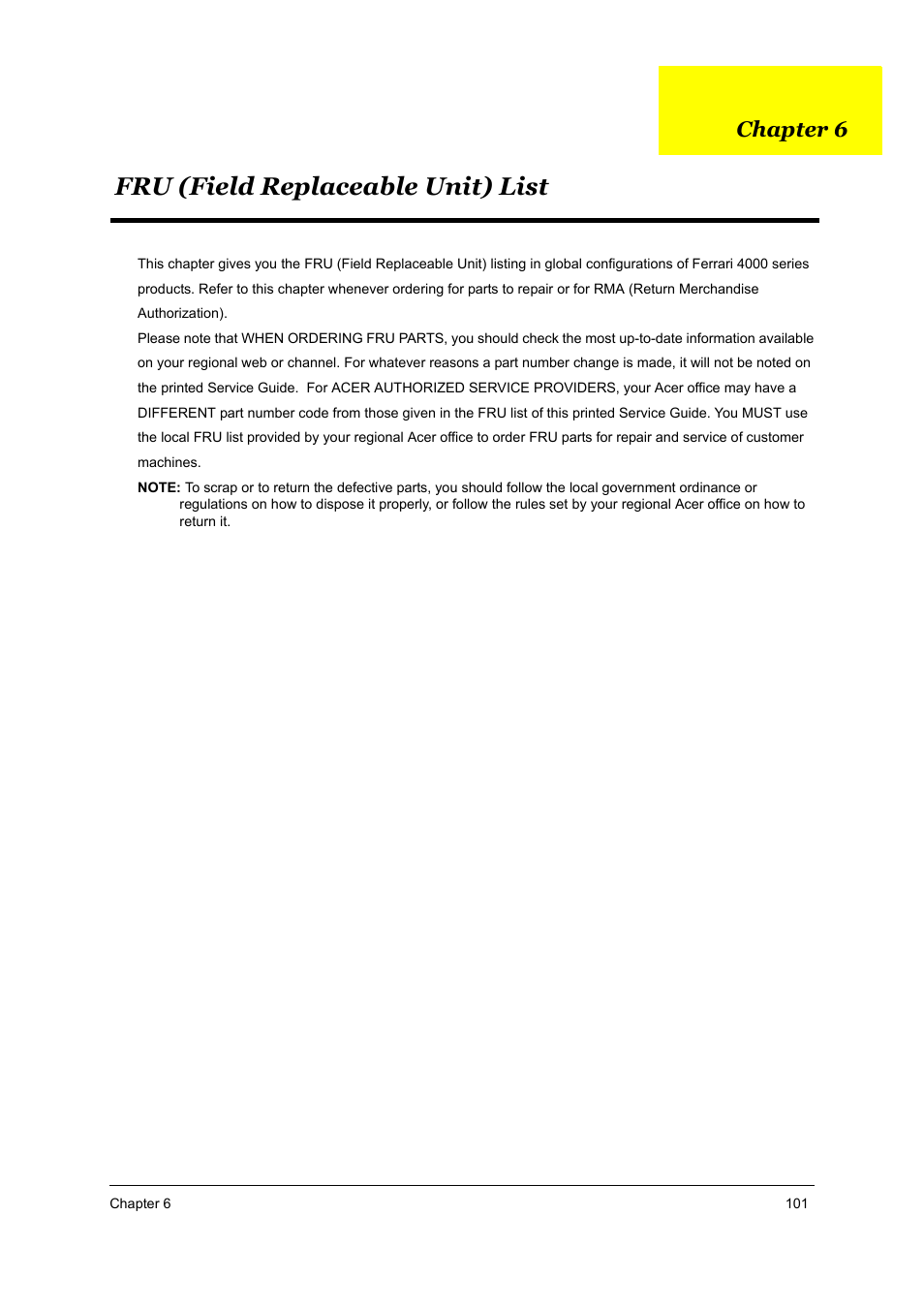S.g_ferrari 4000_ch6.pdf, Fru (field replaceable unit) list, Chapter 6 | Acer 4000 User Manual | Page 108 / 125