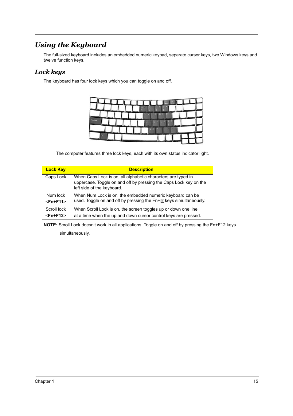 Using the keyboard, Lock keys | Acer 4000 User Manual | Page 22 / 125