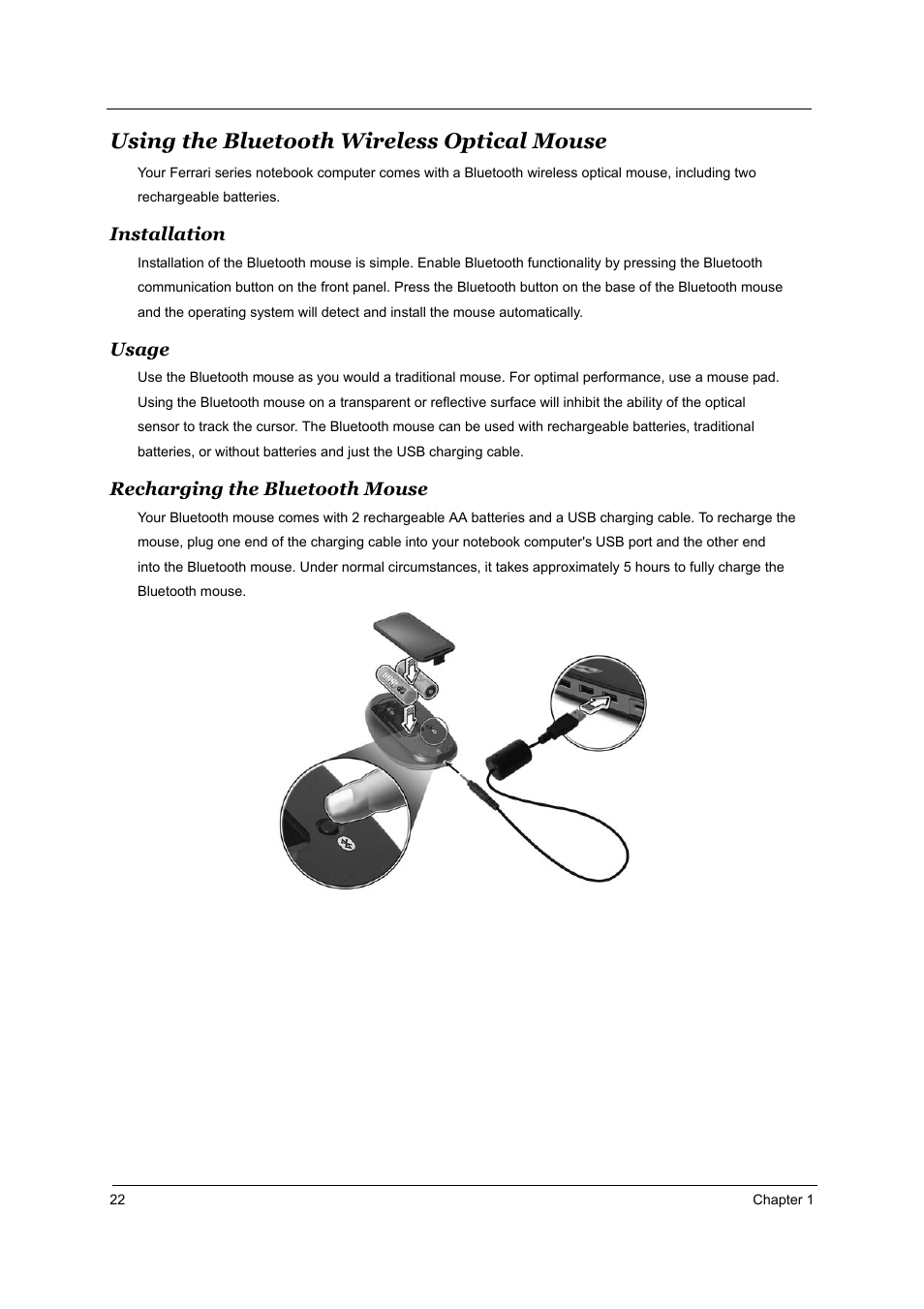 Using the bluetooth wireless optical mouse, Installation, Usage | Recharging the bluetooth mouse | Acer 4000 User Manual | Page 29 / 125