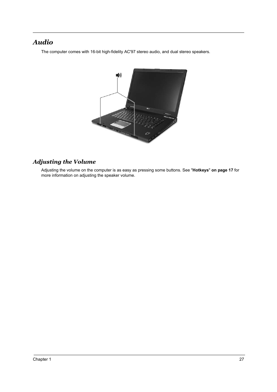Audio, Adjusting the volume | Acer 4000 User Manual | Page 34 / 125