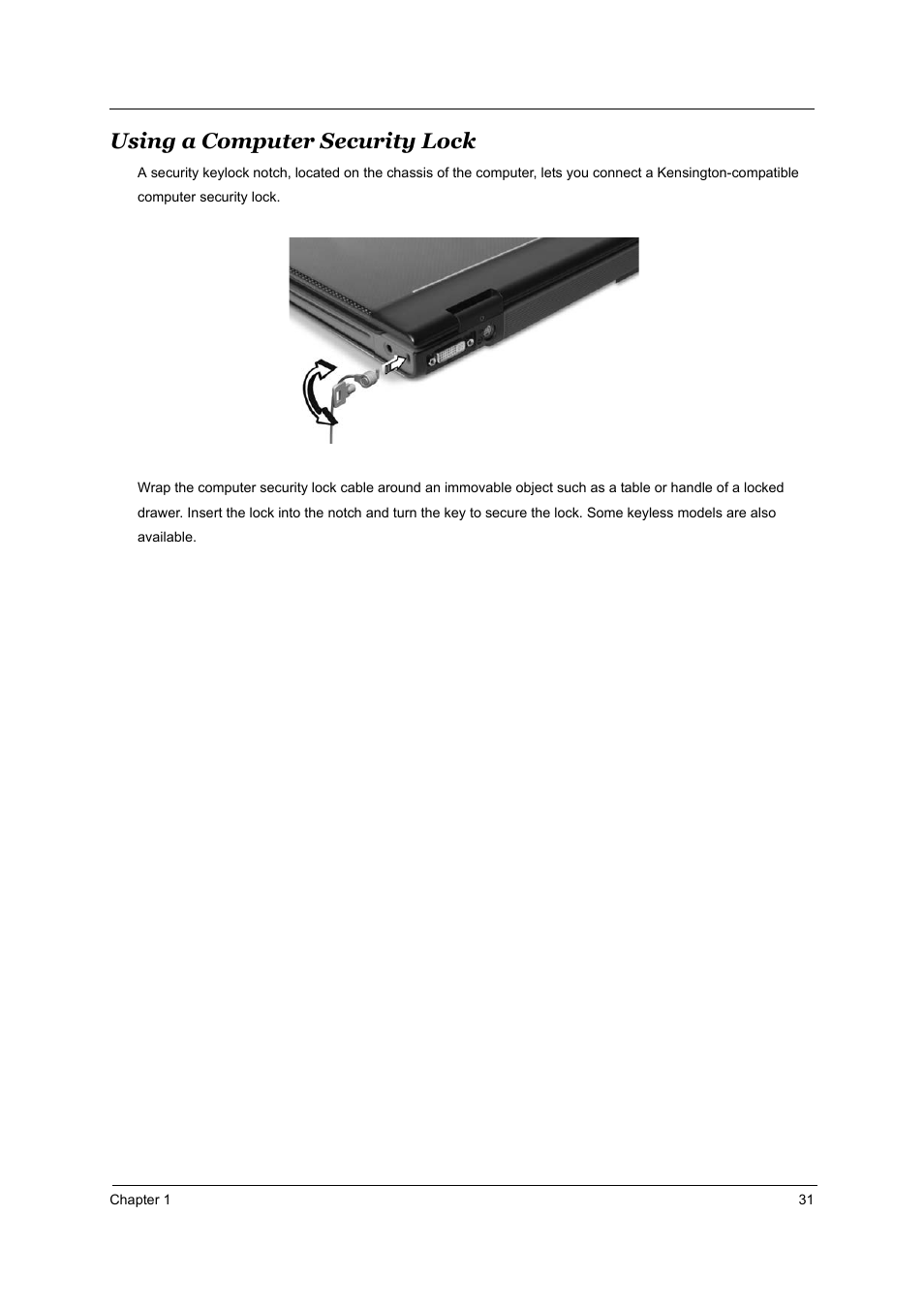 Using a computer security lock | Acer 4000 User Manual | Page 38 / 125