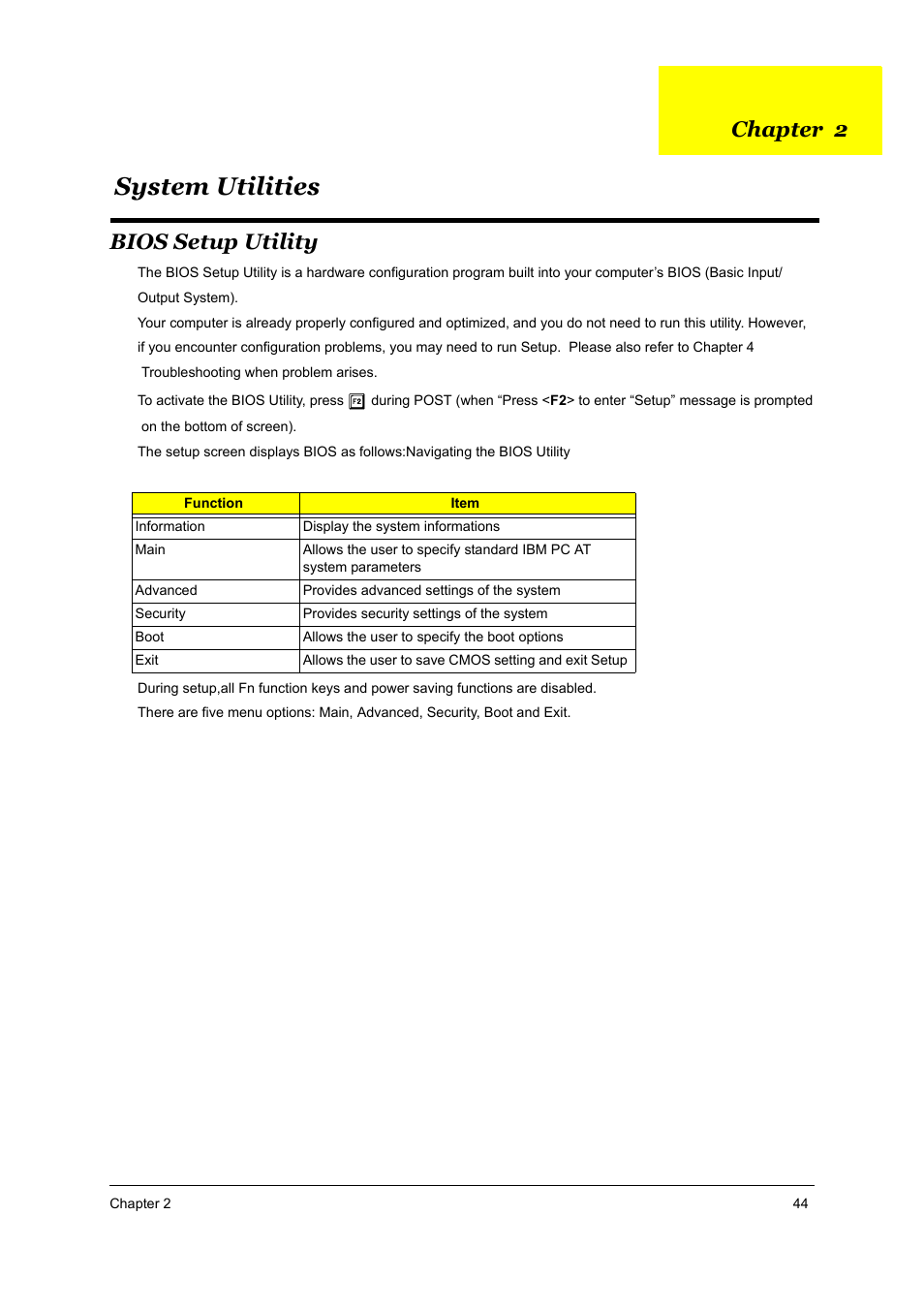 S.g_ferrari 4000_ch2.pdf, System utilities, Bios setup utility | Chapter 2 | Acer 4000 User Manual | Page 51 / 125