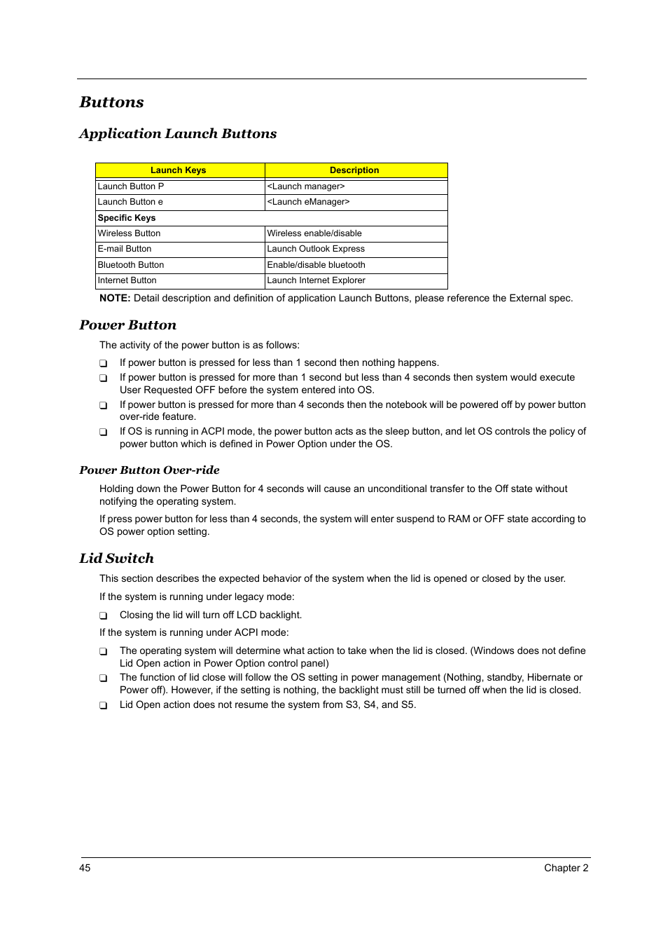 Buttons, Application launch buttons, Power button | Lid switch | Acer 4000 User Manual | Page 52 / 125