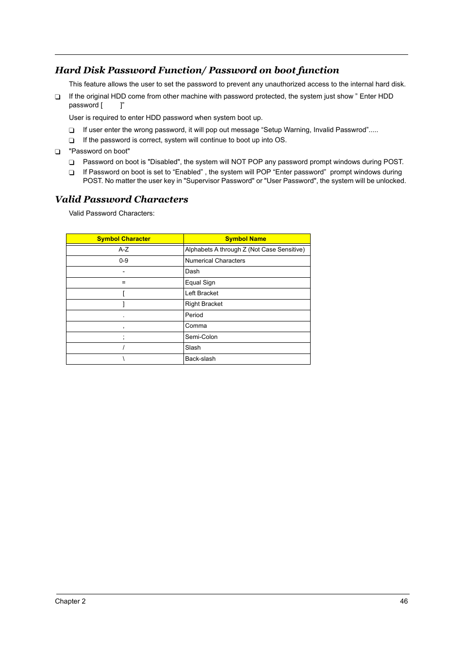 Valid password characters | Acer 4000 User Manual | Page 53 / 125