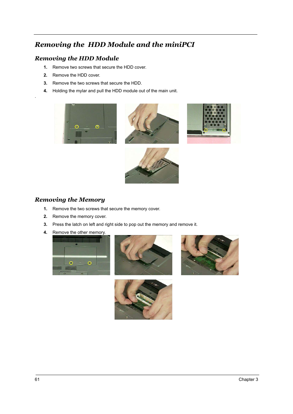 Removing the hdd module and the minipci, Removing the hdd module, Removing the memory | Acer 4000 User Manual | Page 68 / 125