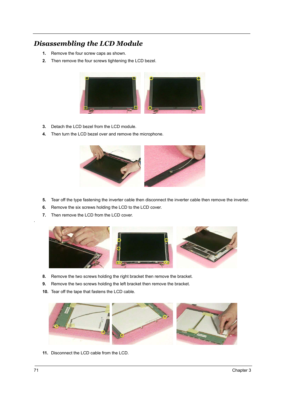 Disassembling the lcd module | Acer 4000 User Manual | Page 78 / 125