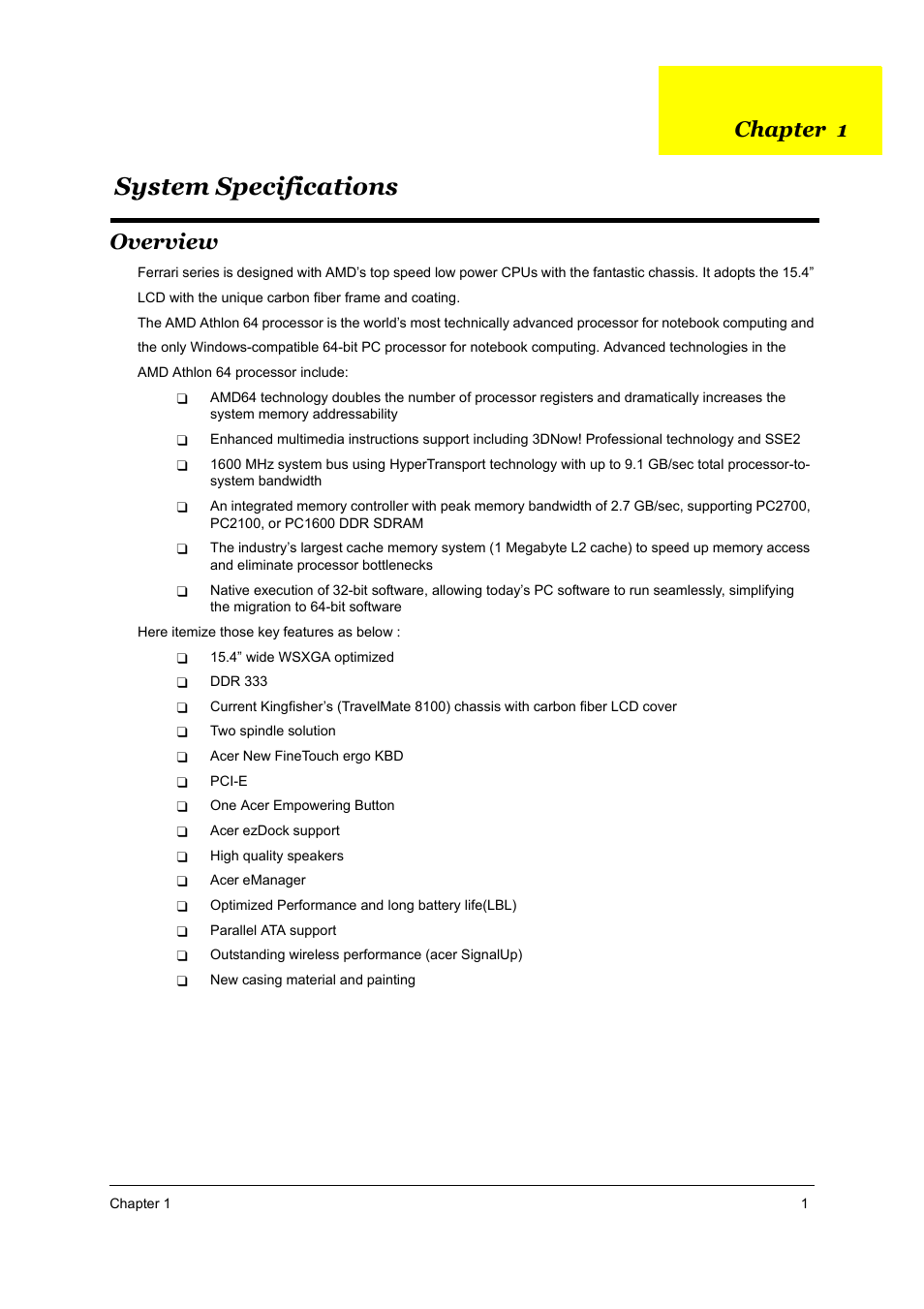 S.g_ferrari 4000_ch1.pdf, System specifications, Overview | Chapter 1 | Acer 4000 User Manual | Page 8 / 125