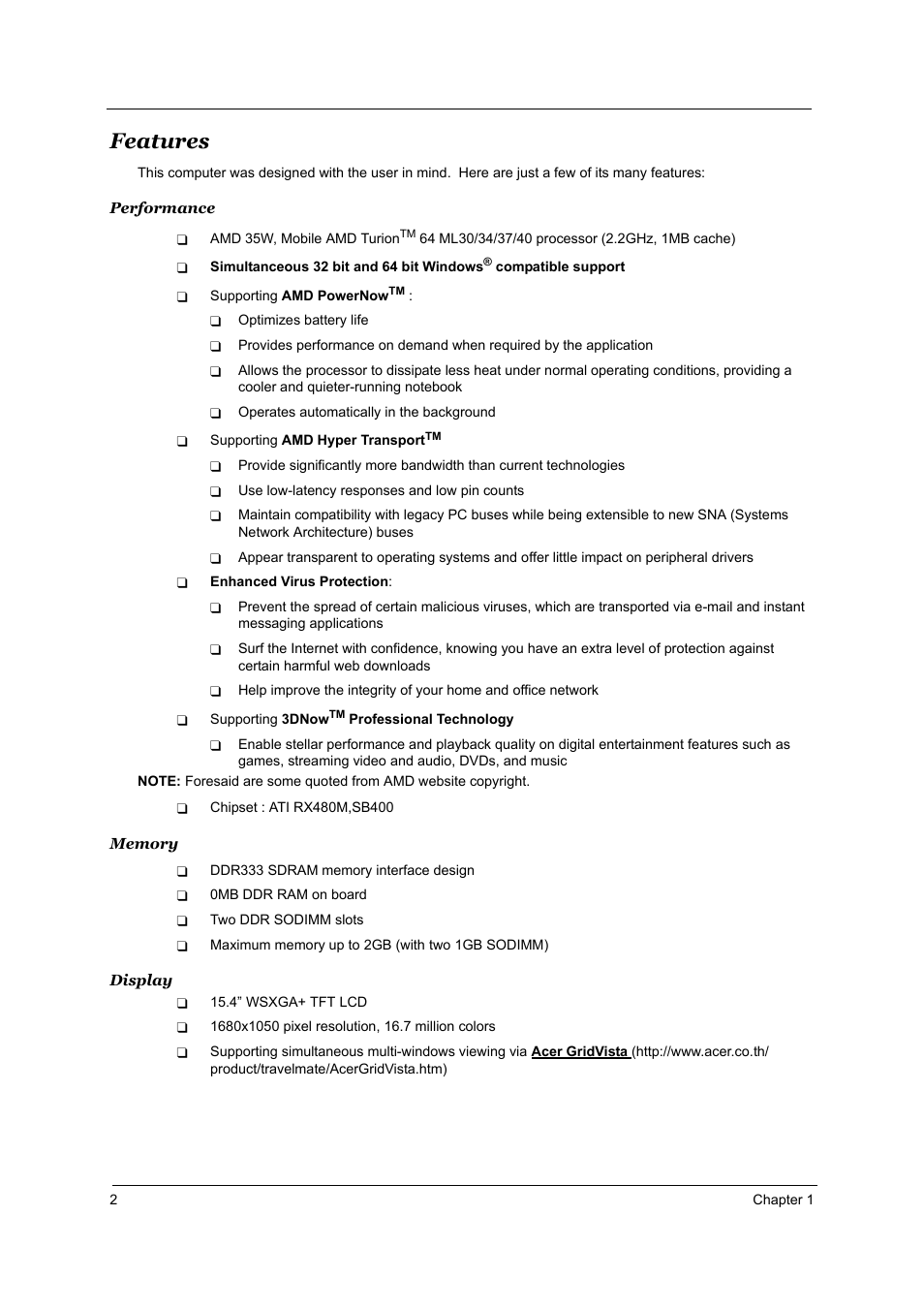 Features | Acer 4000 User Manual | Page 9 / 125