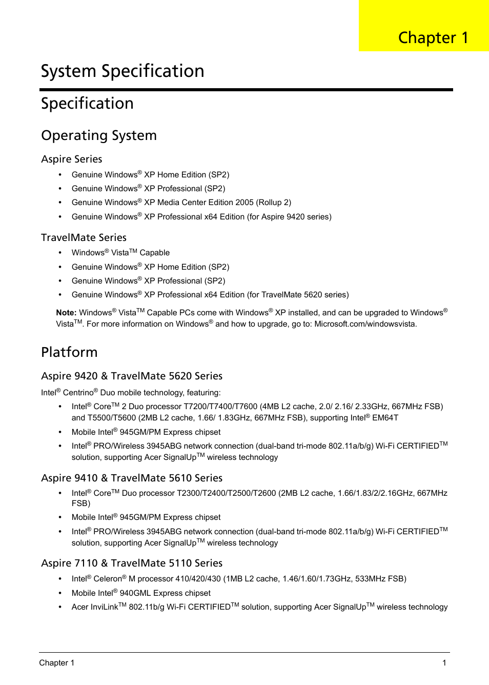 Specification, Operating system, Platform | System specification, Chapter 1, Aspire series, Travelmate series | Acer 5620 User Manual | Page 11 / 116