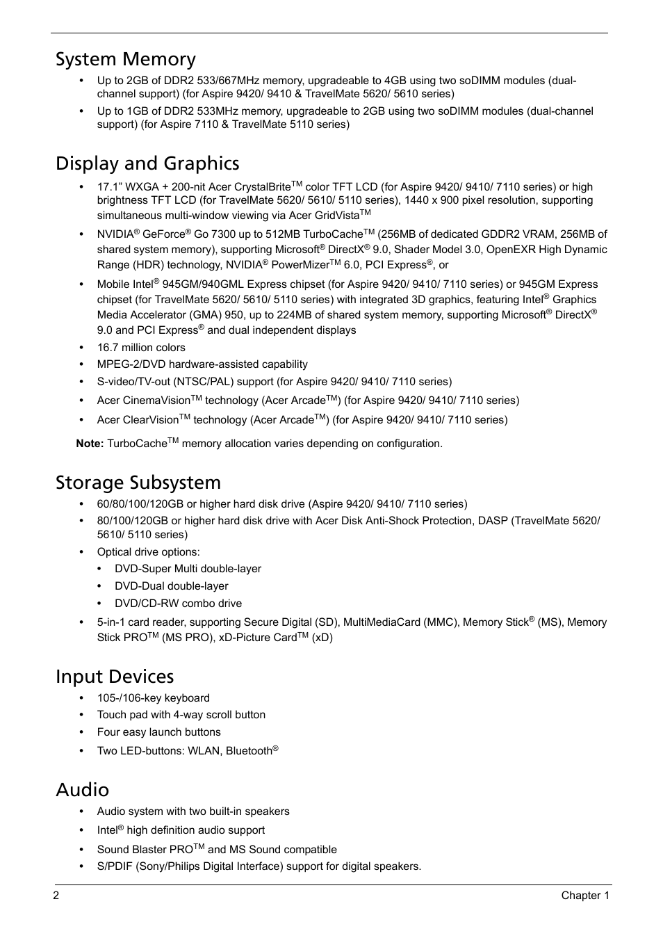 System memory, Display and graphics, Storage subsystem | Input devices, Audio | Acer 5620 User Manual | Page 12 / 116