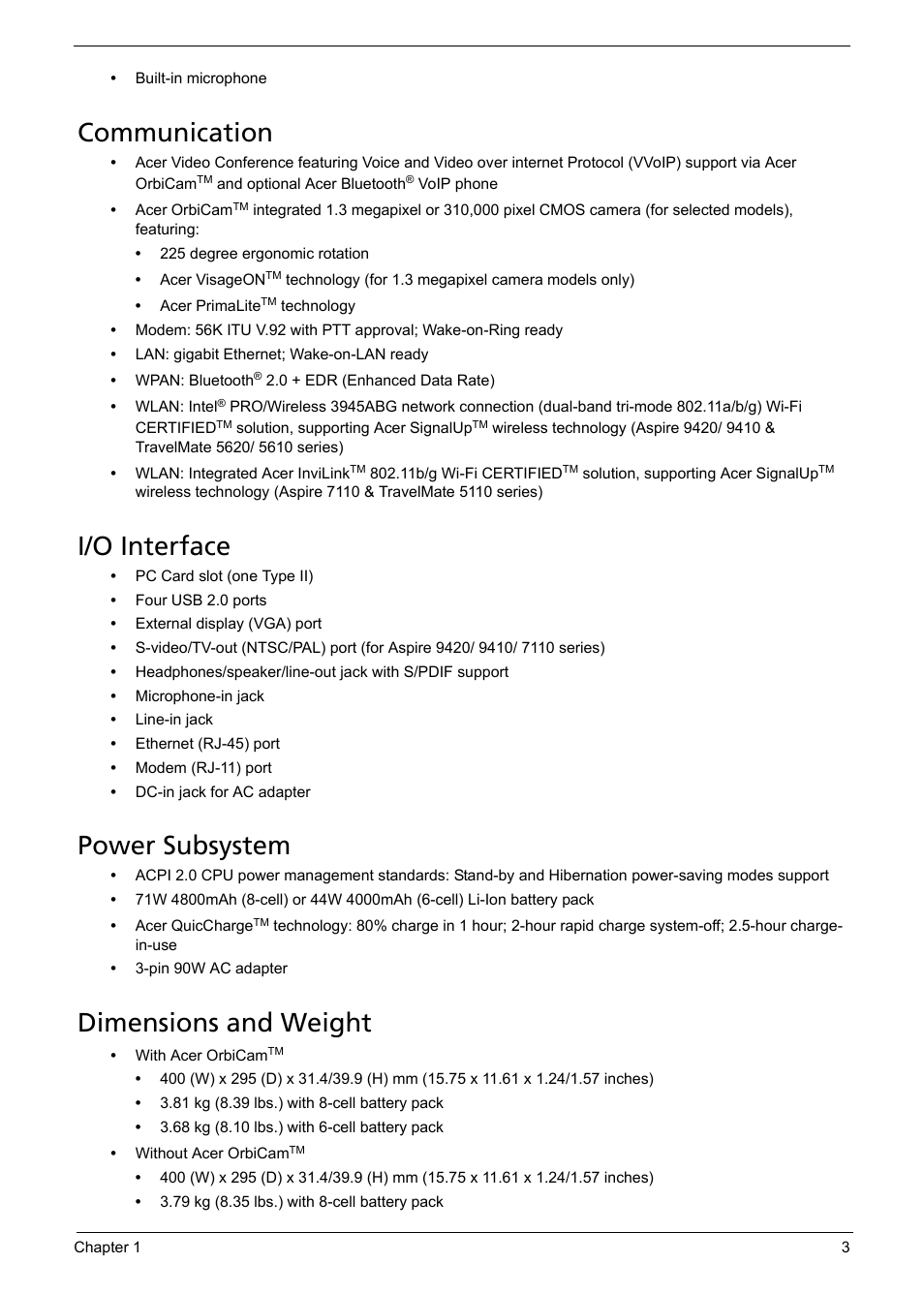 Communication, I/o interface, Power subsystem | Dimensions and weight | Acer 5620 User Manual | Page 13 / 116