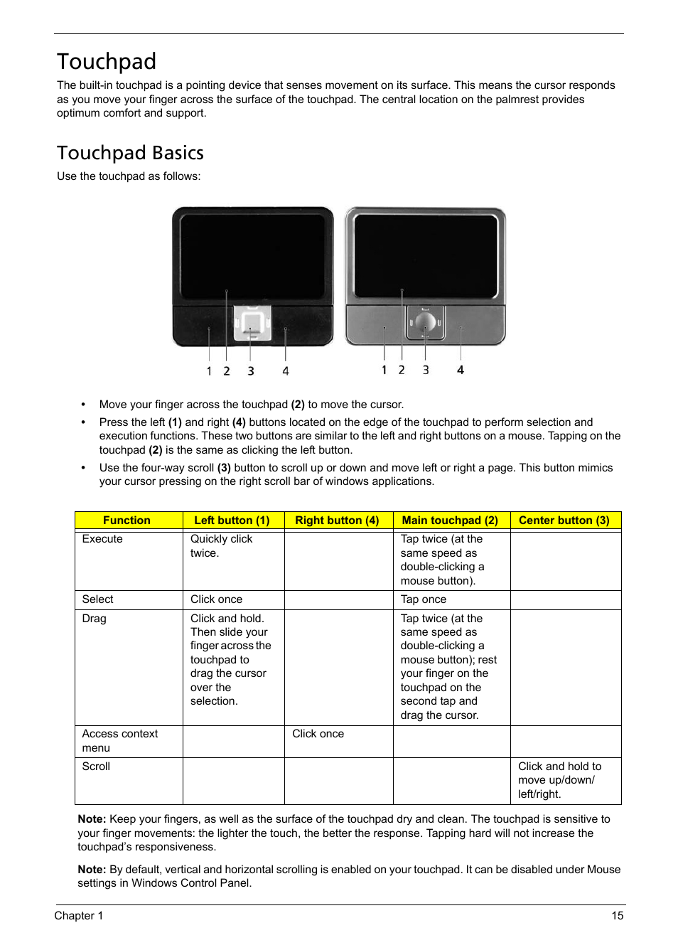 Touchpad, Touchpad basics | Acer 5620 User Manual | Page 25 / 116