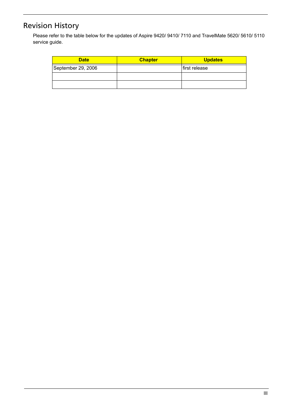Revision history | Acer 5620 User Manual | Page 3 / 116