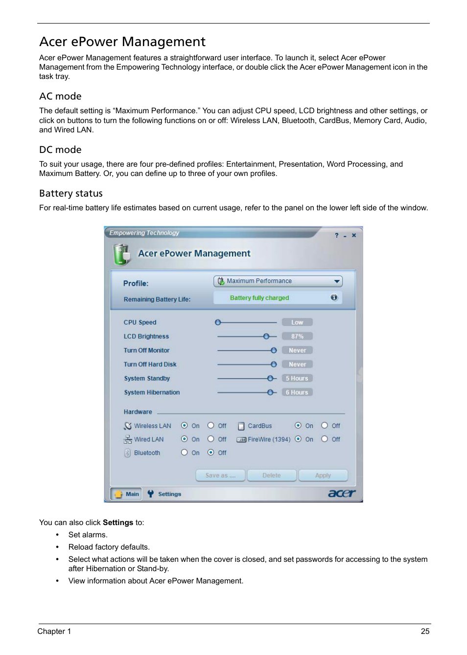 Acer epower management, Ac mode, Dc mode | Battery status | Acer 5620 User Manual | Page 35 / 116