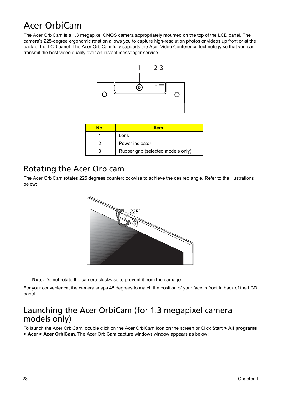 Acer orbicam, Rotating the acer orbicam | Acer 5620 User Manual | Page 38 / 116