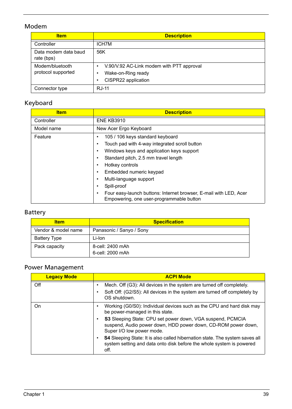 Modem keyboard battery power management | Acer 5620 User Manual | Page 49 / 116