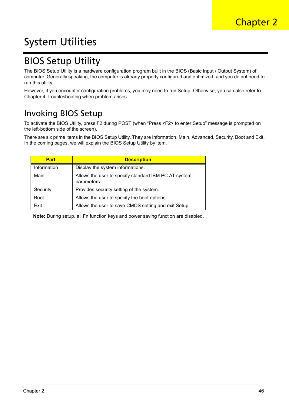 Bios setup utility, Invoking bios setup, System utilities | Chapter 2 | Acer 5620 User Manual | Page 56 / 116
