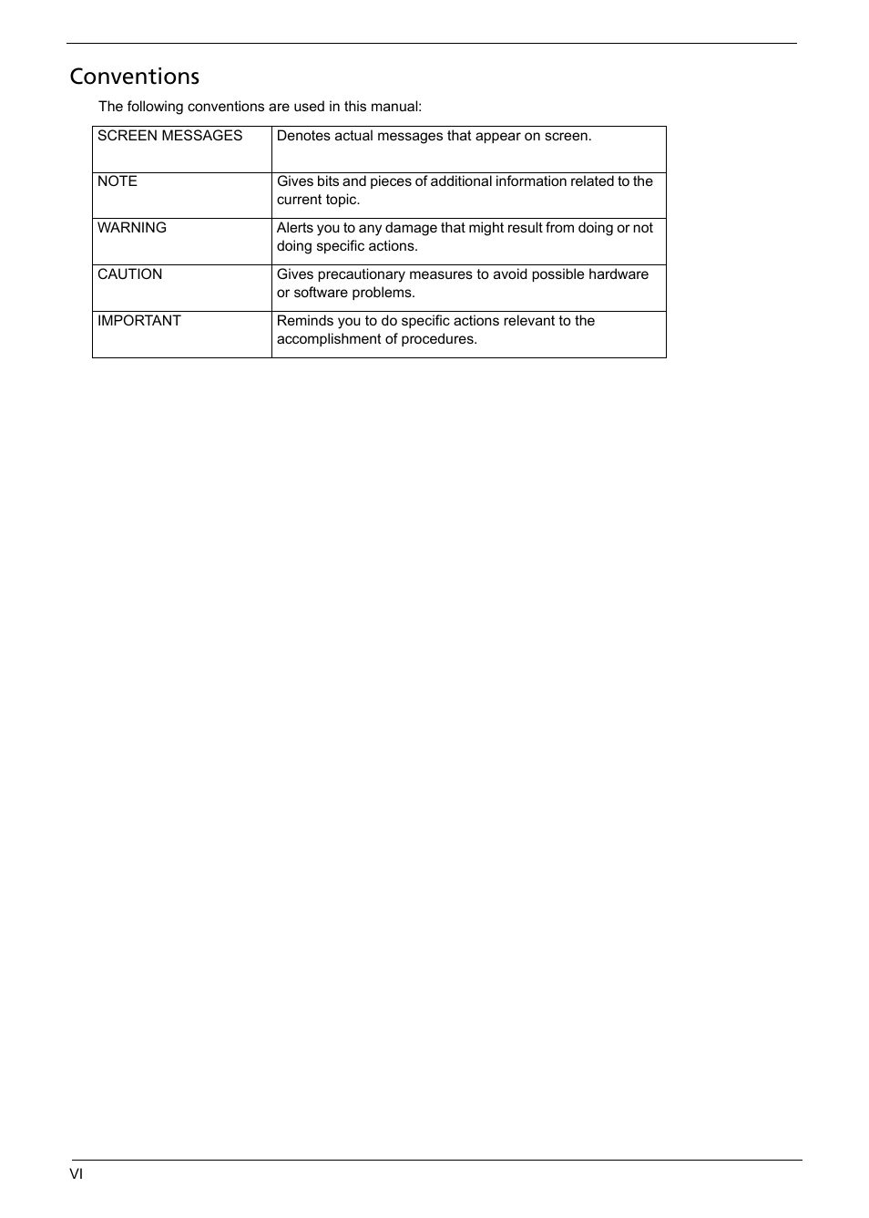 Conventions | Acer 5620 User Manual | Page 6 / 116