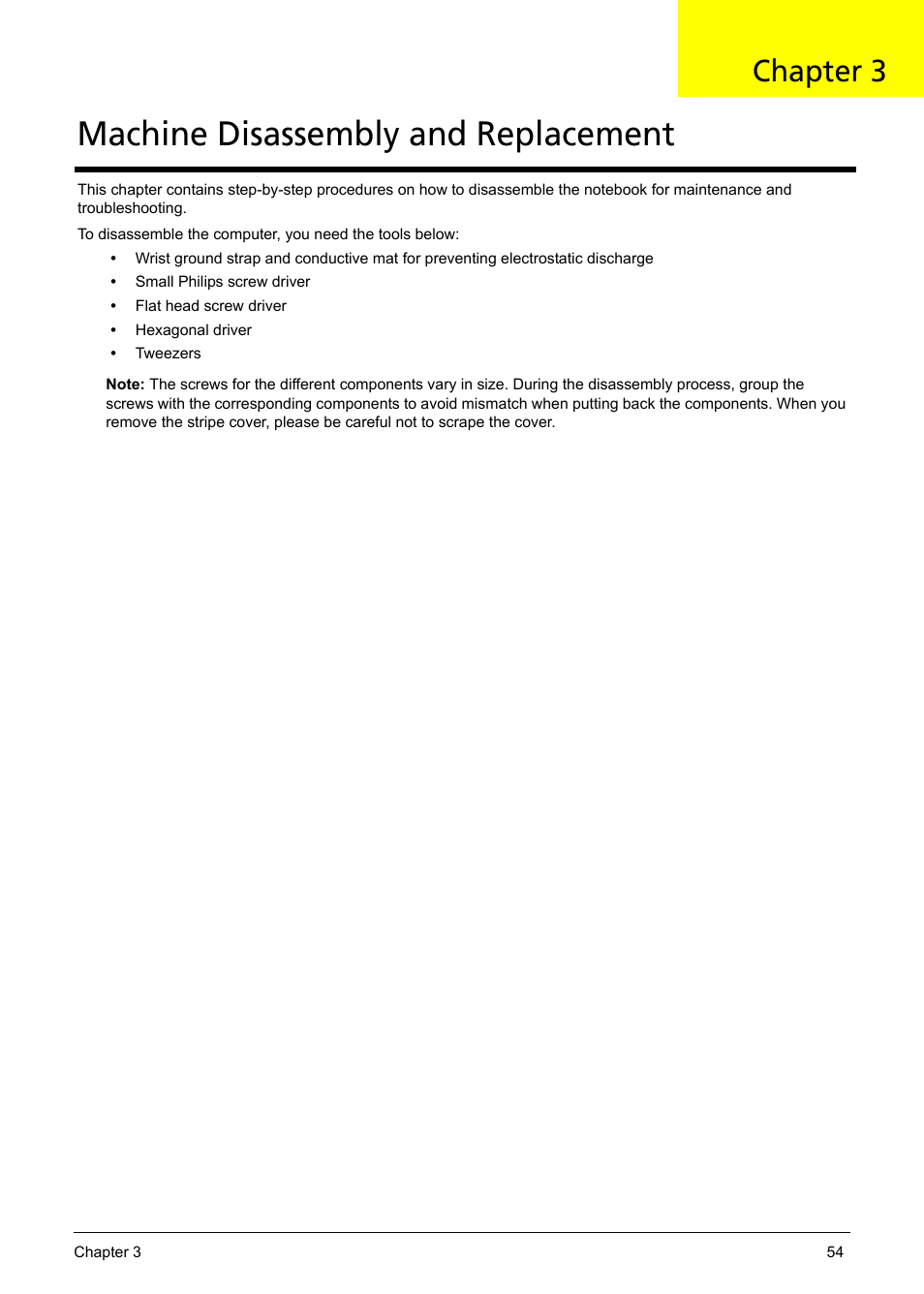 Machine disassembly and replacement, Chapter 3 | Acer 5620 User Manual | Page 64 / 116