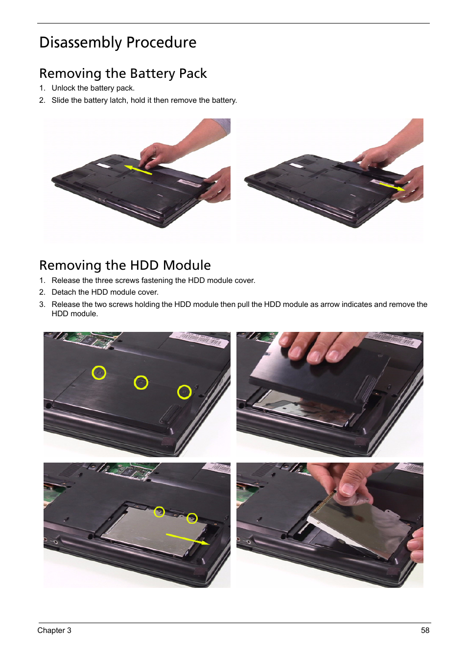 Disassembly procedure, Removing the battery pack, Removing the hdd module | Acer 5620 User Manual | Page 68 / 116