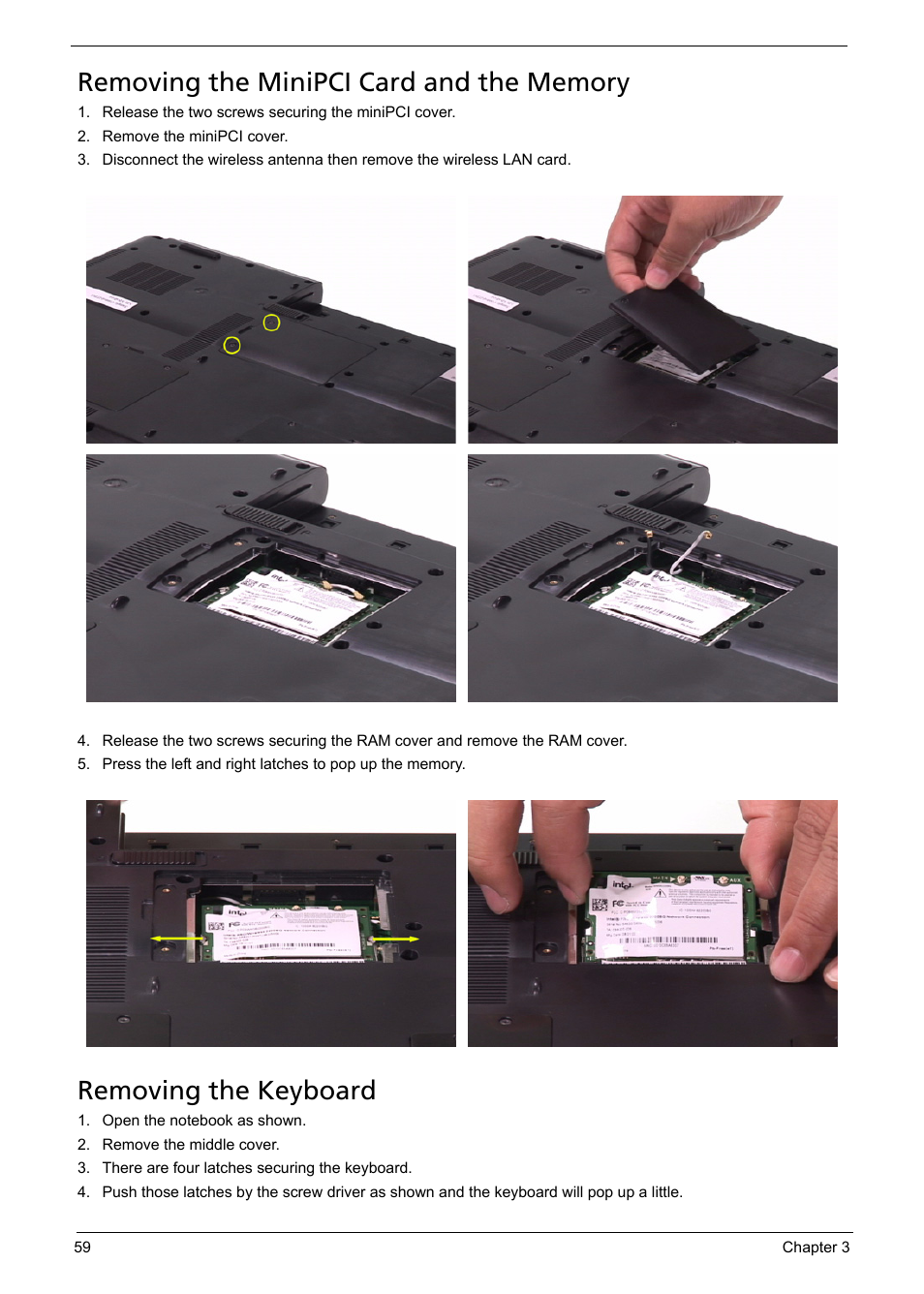 Removing the minipci card and the memory, Removing the keyboard | Acer 5620 User Manual | Page 69 / 116