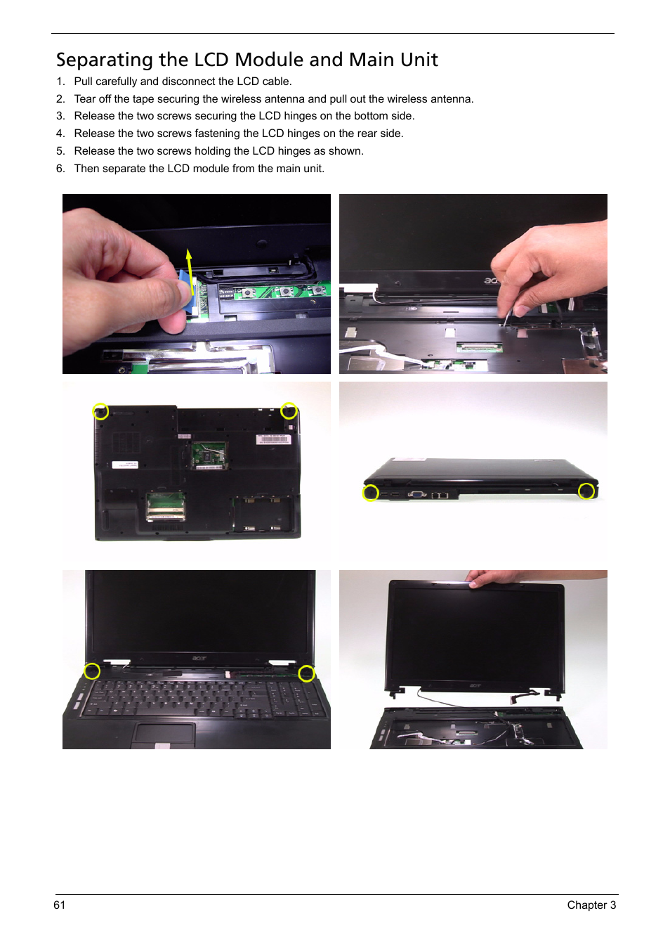 Separating the lcd module and main unit | Acer 5620 User Manual | Page 71 / 116