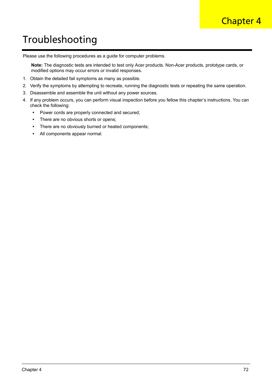 Troubleshooting, Chapter 4 | Acer 5620 User Manual | Page 82 / 116