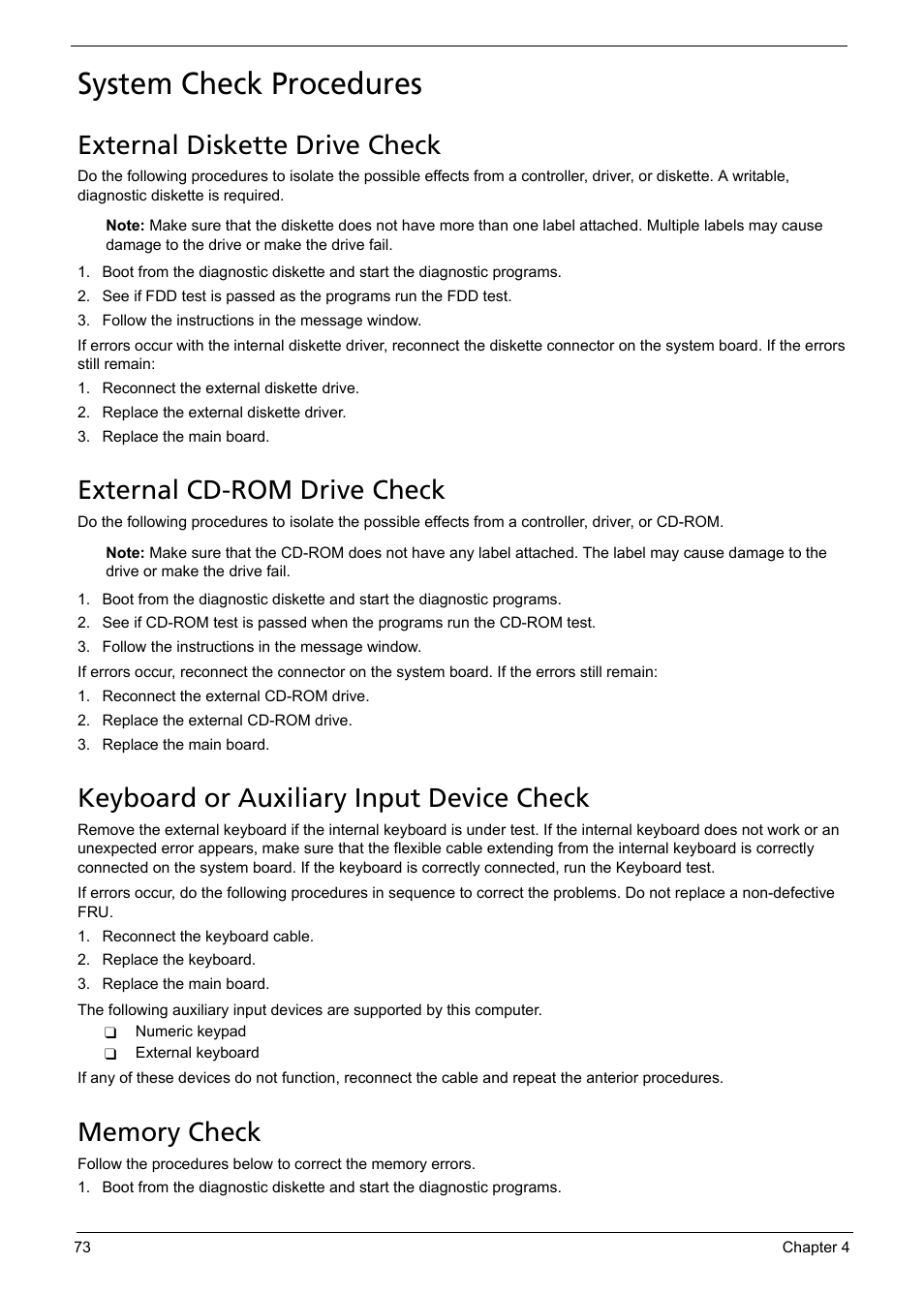 System check procedures, External diskette drive check, External cd-rom drive check | Keyboard or auxiliary input device check, Memory check | Acer 5620 User Manual | Page 83 / 116