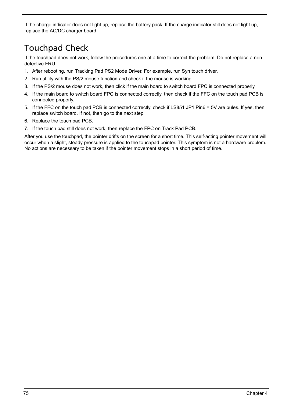 Touchpad check | Acer 5620 User Manual | Page 85 / 116