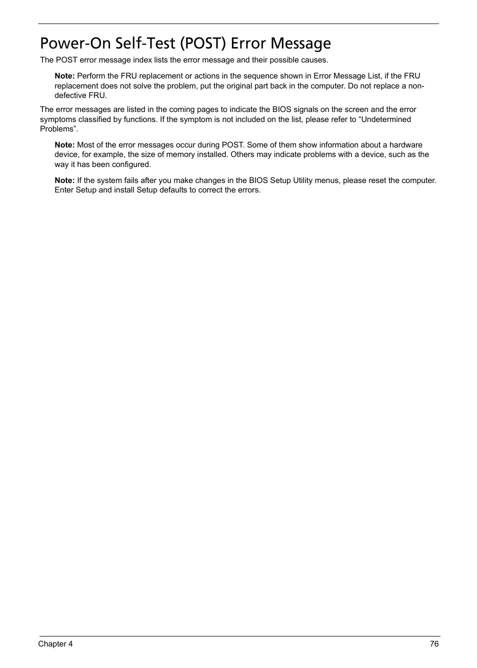 Power-on self-test (post) error message | Acer 5620 User Manual | Page 86 / 116
