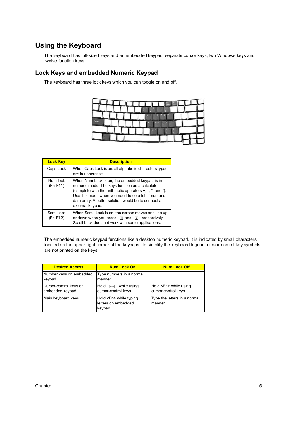 Using the keyboard, Lock keys and embedded numeric keypad | Acer 4010 User Manual | Page 23 / 107