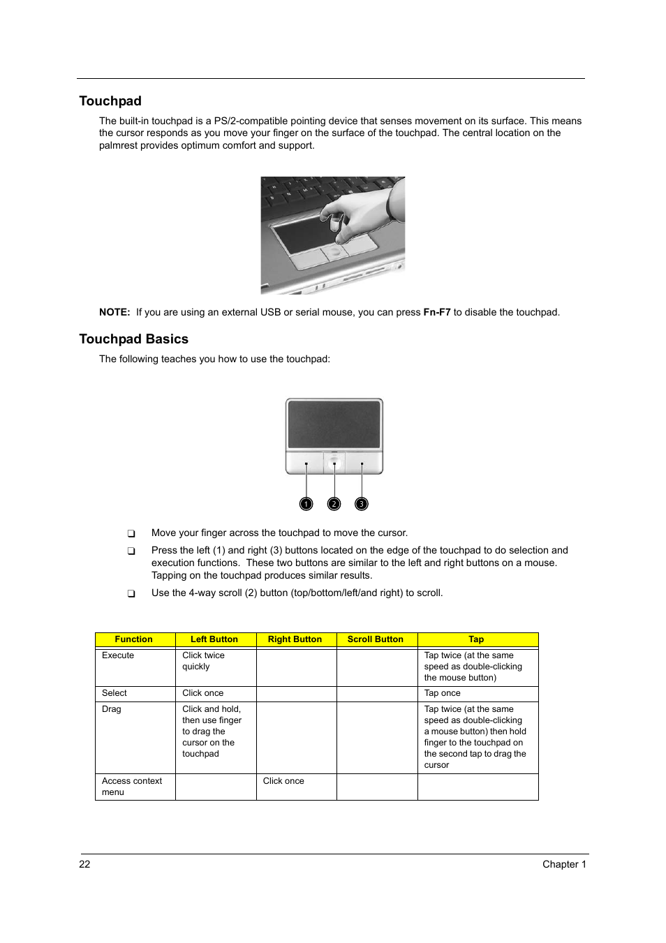 Touchpad, Touchpad basics | Acer 4010 User Manual | Page 30 / 107