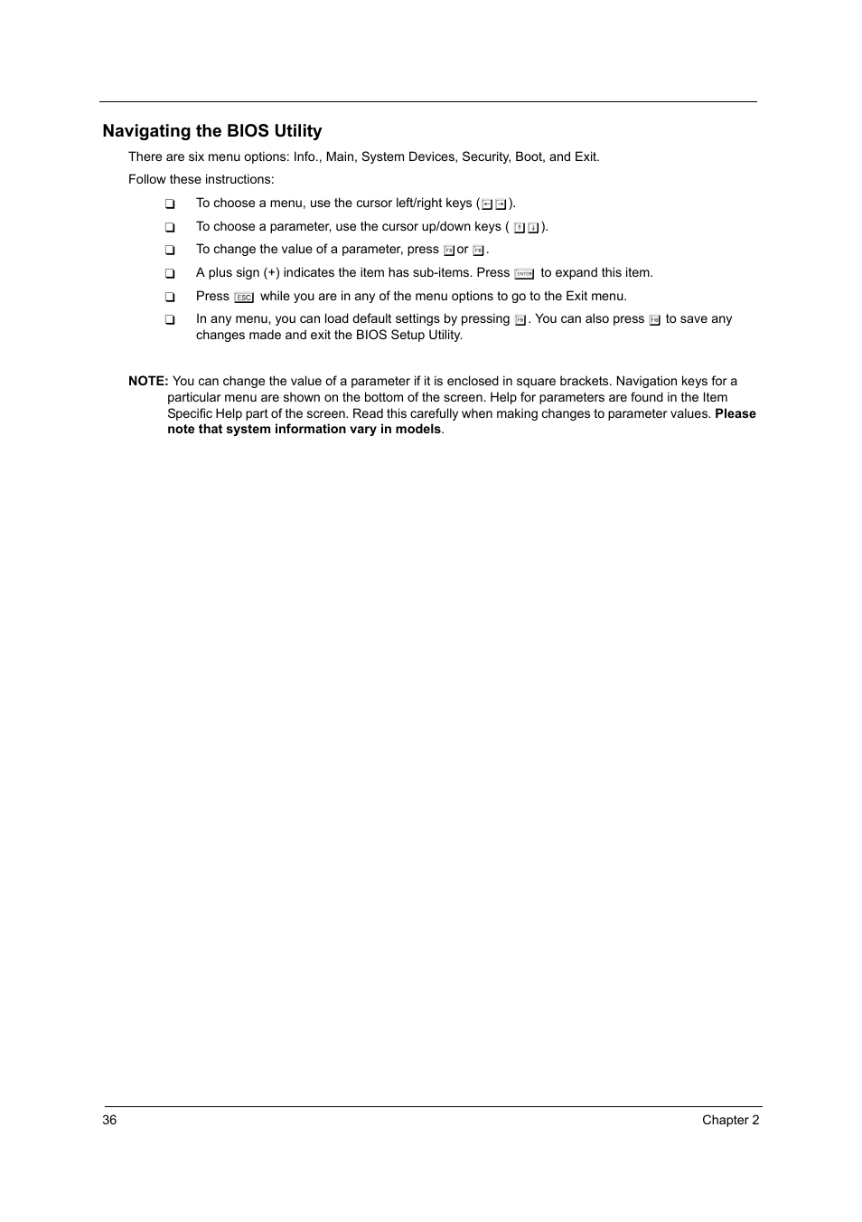 Navigating the bios utility | Acer 4010 User Manual | Page 44 / 107