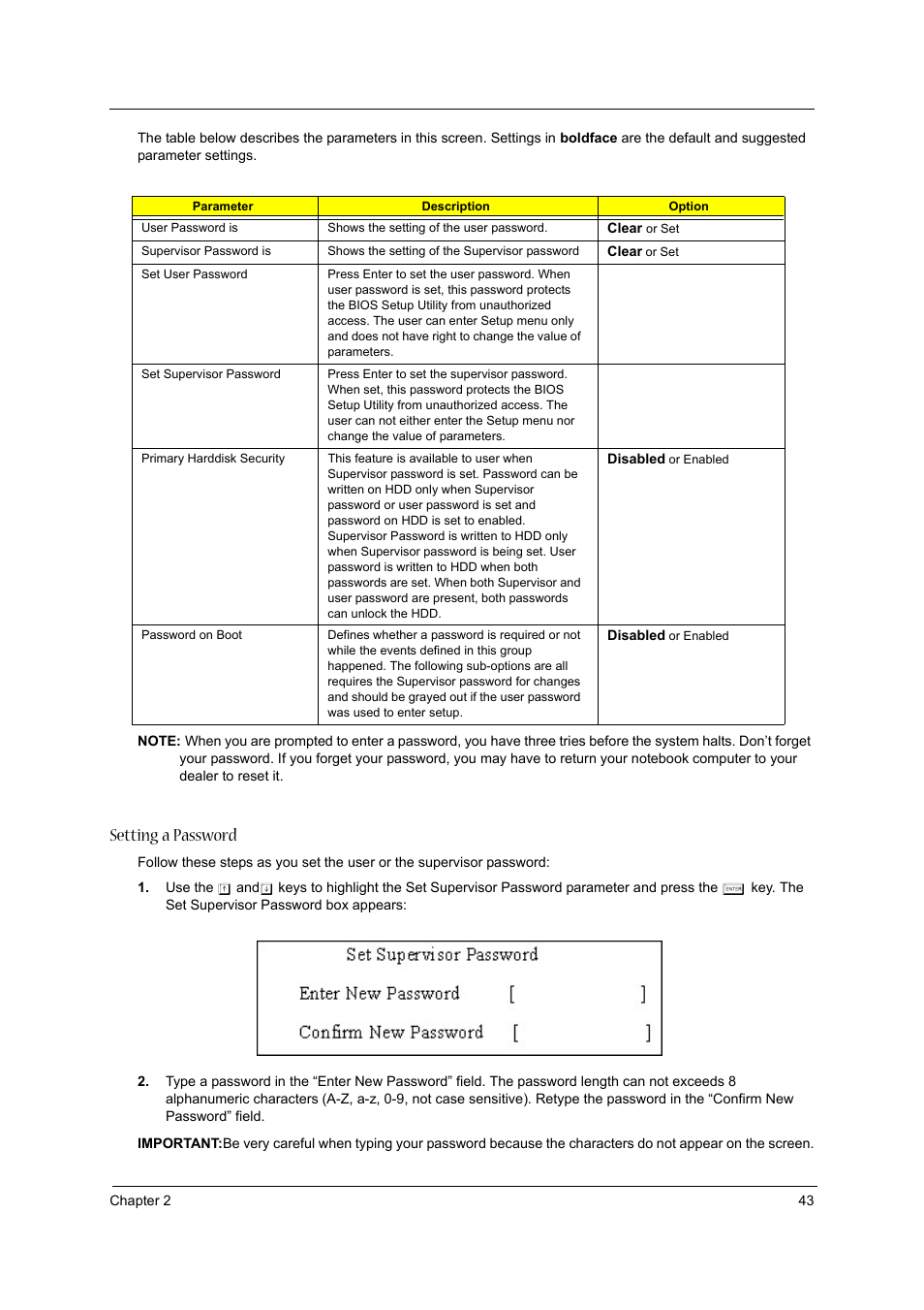 Setting a password | Acer 4010 User Manual | Page 51 / 107