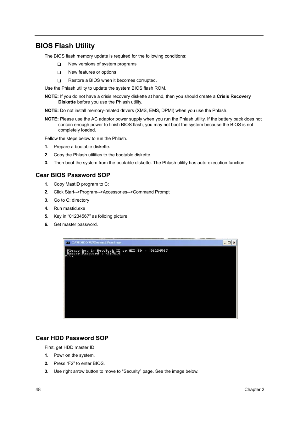 Bios flash utility, Cear bios password sop, Cear hdd password sop | Acer 4010 User Manual | Page 56 / 107