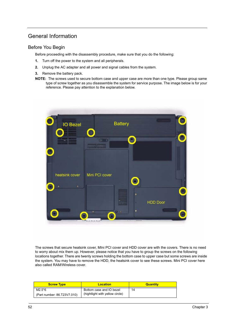 General information, Before you begin, Io bezel battery | Acer 4010 User Manual | Page 60 / 107