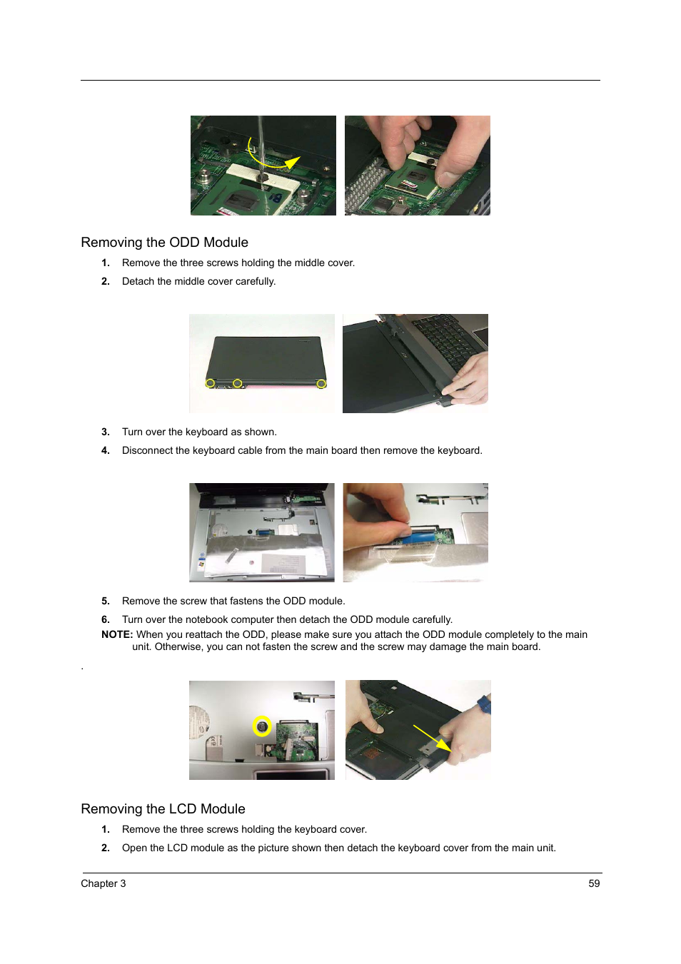 Removing the odd module, Removing the lcd module | Acer 4010 User Manual | Page 67 / 107