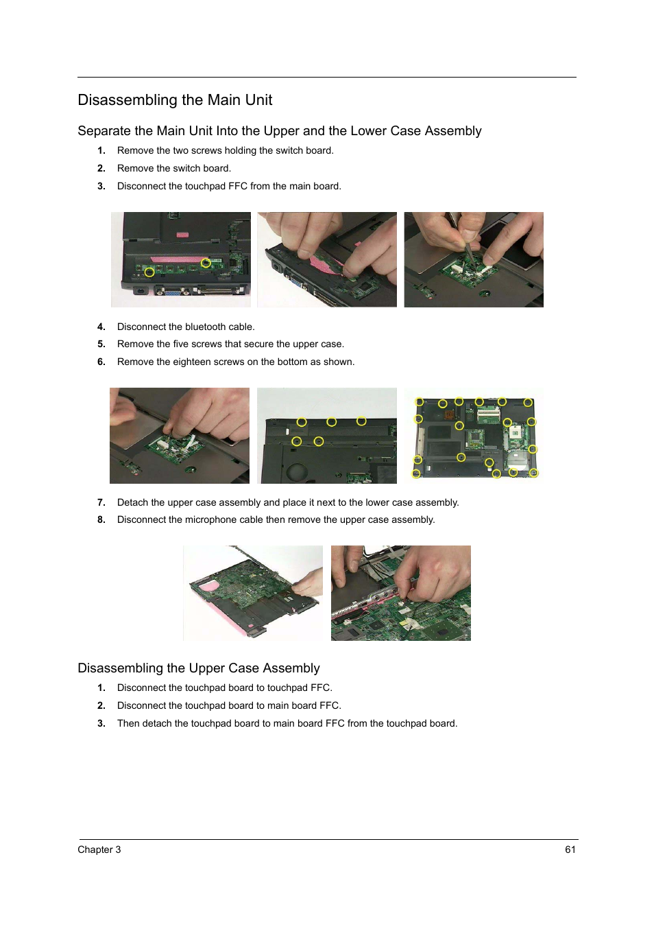 Disassembling the main unit, Disassembling the upper case assembly | Acer 4010 User Manual | Page 69 / 107